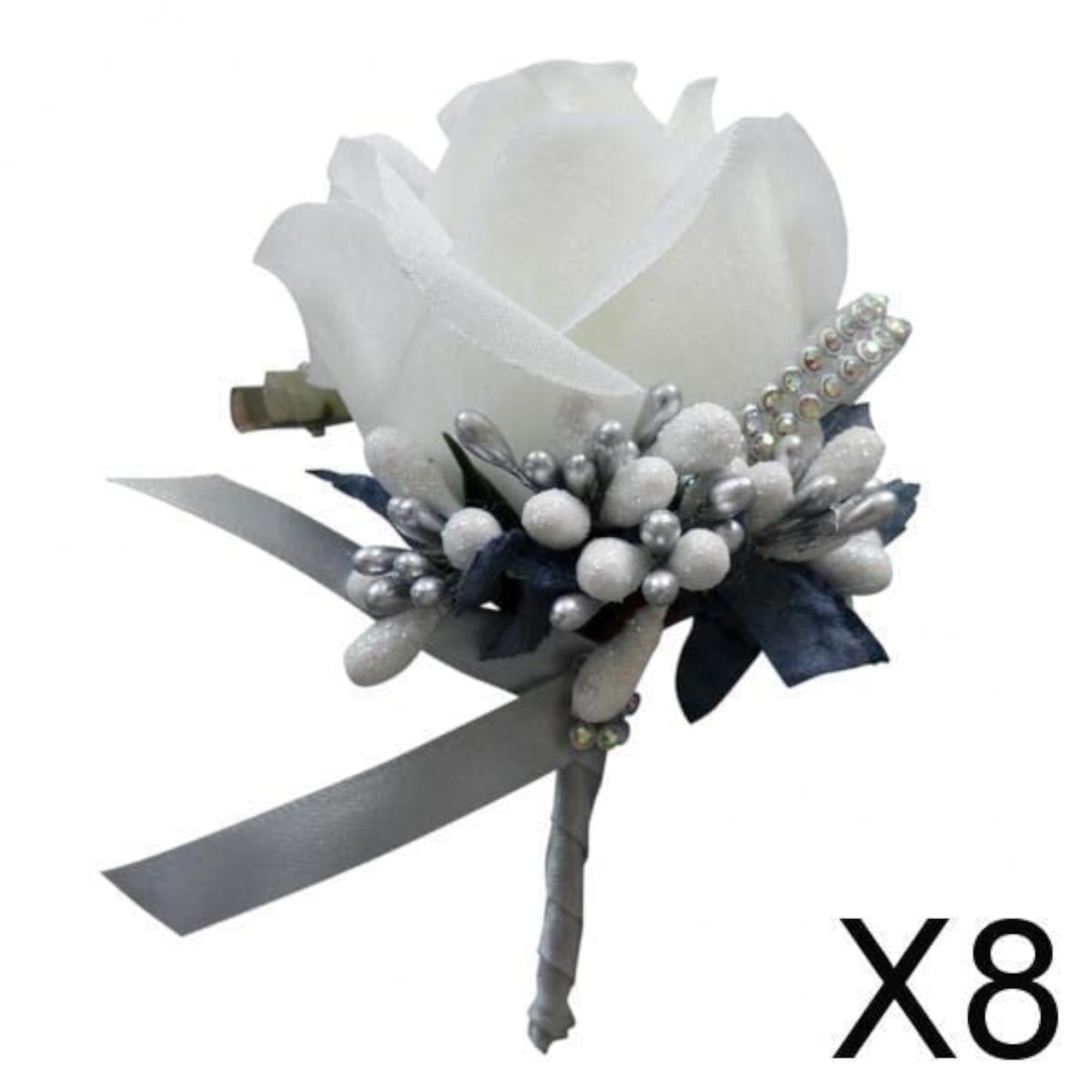 Stimulation Rose Flower Brooch Pin Wedding Corsage Pin, White and Silver